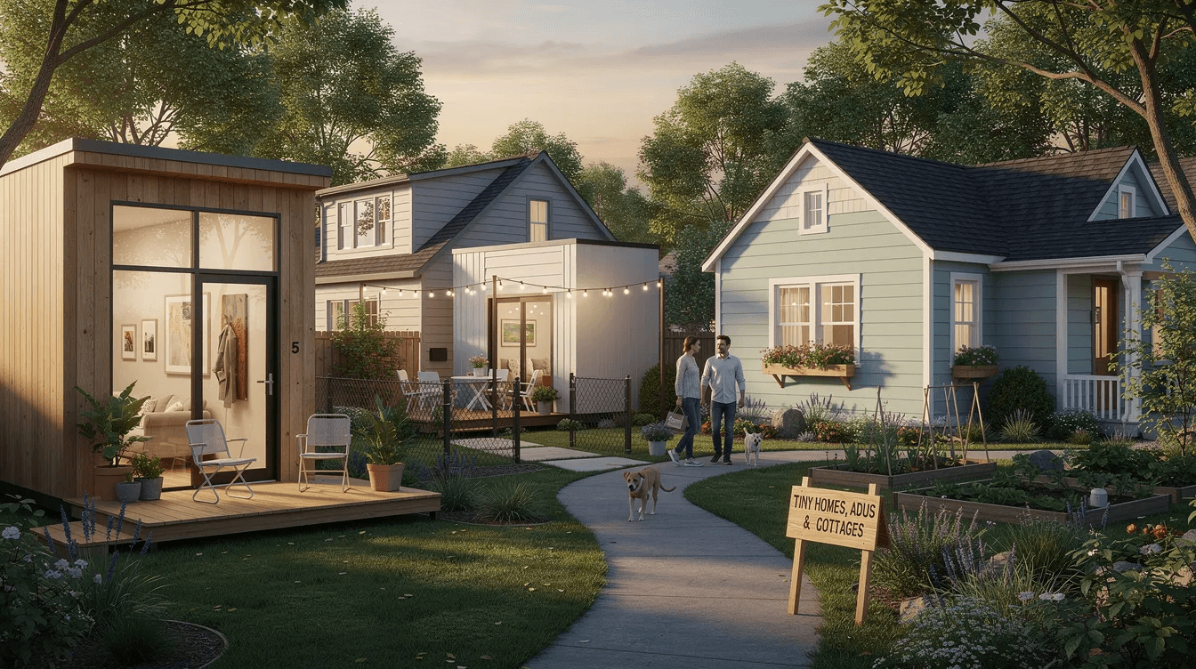 The image showcases a variety of tiny homes including accessory dwelling units ADUs and charming backyard cottages designed to provide affordable housing options These small structures feature efficient layouts with cozy living areas bedrooms and bathrooms ideal for homeowners looking to maximize their property space or generate rental income