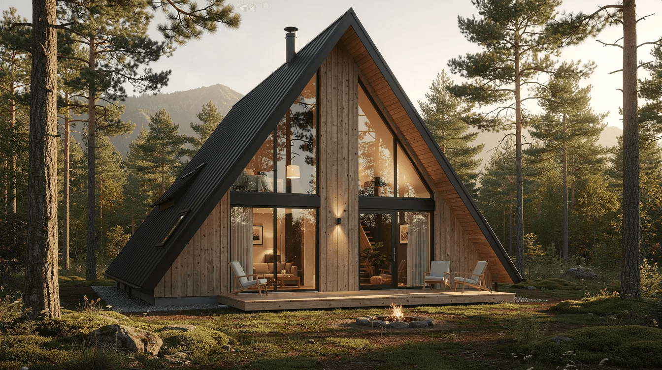 836c24f057ed48f0a29dc26ee718118d The image depicts a modern frame house characterized by its distinctive triangular shape showcasing a stylish A frame design This example of a frame cabin highlights the use of natural materials and offers inspiration for contemporary architectural ideas