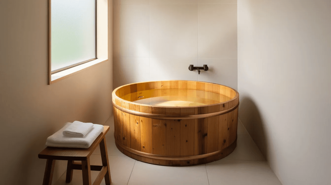 83d32da533e2460db7aa06cddde617c3 The image features a small cedar soaking tub in a compact bathroom illuminated by natural light streaming through a window This modern tiny house design emphasizes comfort and functionality showcasing a perfect blend of style and space efficiency