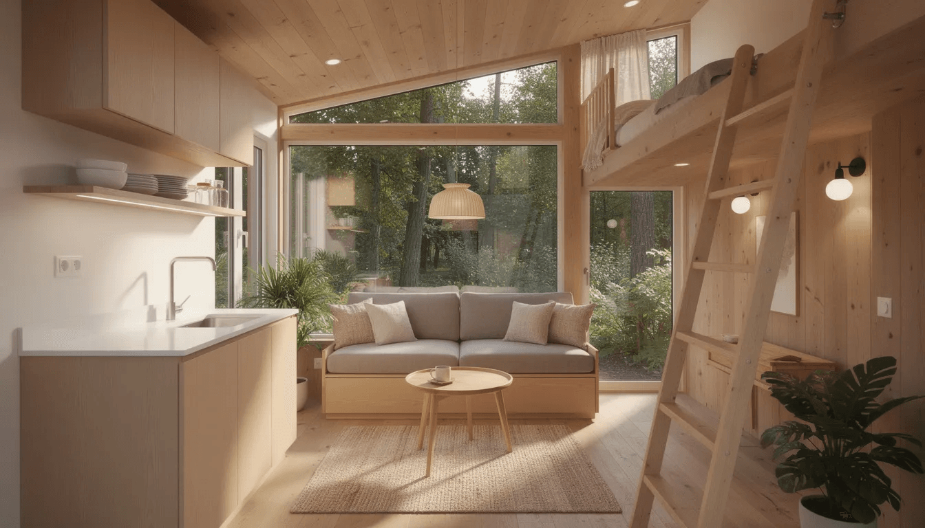 The image showcases a cozy tiny home interior featuring natural wood finishes large windows that invite ample light and a compact kitchen designed for functional living This stylish living space embodies sustainable living with high quality materials perfect for families or individuals seeking a modern lifestyle in Canada