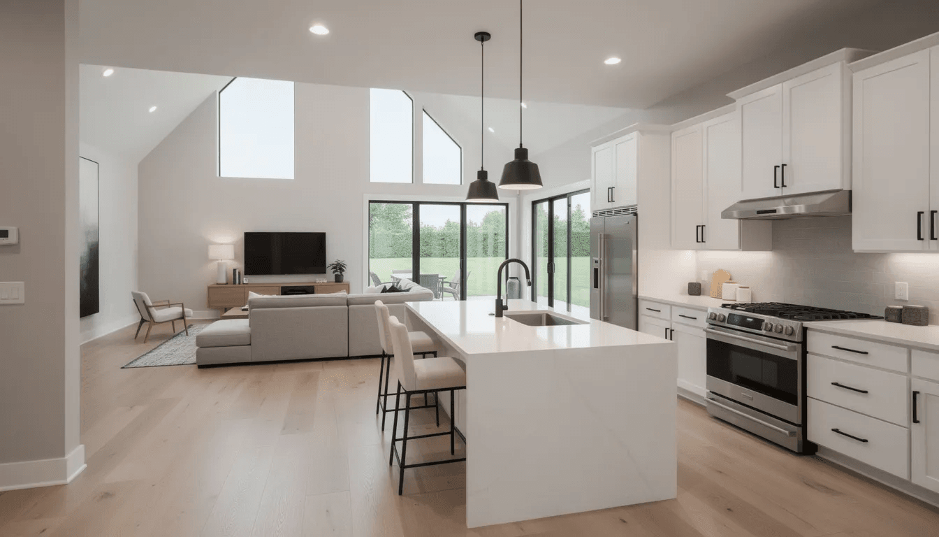 The image depicts the interior of a modern ranch style home featuring an open concept kitchen that seamlessly flows into a spacious living room illuminated by large windows enhancing the natural light and creating a welcoming atmosphere This layout exemplifies the timeless appeal of ranch house plans ideal for young families seeking comfort and convenience in a single story design