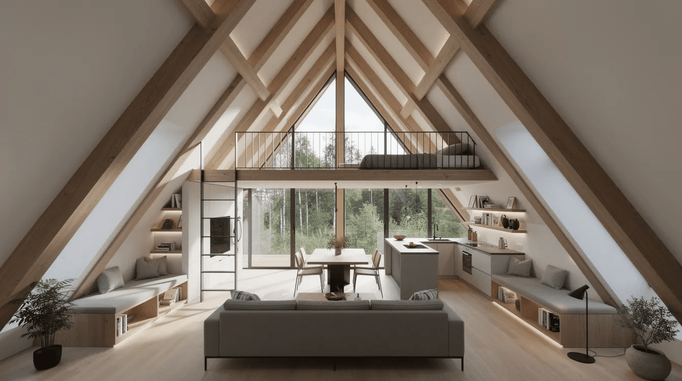 87cabf86b6ba41b5a201fc9b9fe5b3b2 The image depicts a beautifully designed A frame house layout showcasing an open floor plan with floor to ceiling windows that flood the living space with natural light The steeply pitched roof creates a cozy atmosphere while thoughtful features and high quality materials enhance both functionality and style making it an ideal vacation home or primary residence