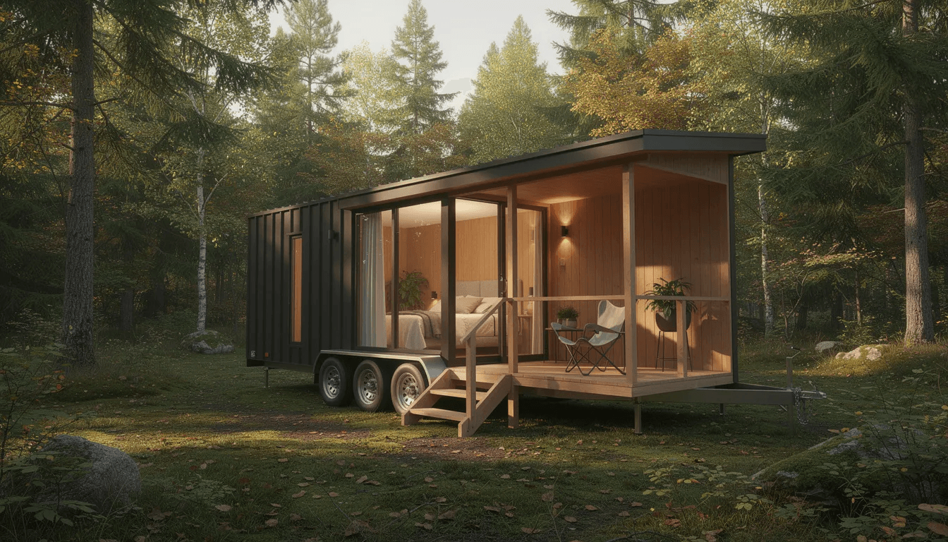 A modern tiny house on wheels is parked in a serene forest clearing featuring large windows that invite natural light into the cozy living space The small covered porch adds charm making it a perfect retreat for small families or guests looking to embrace a living small lifestyle