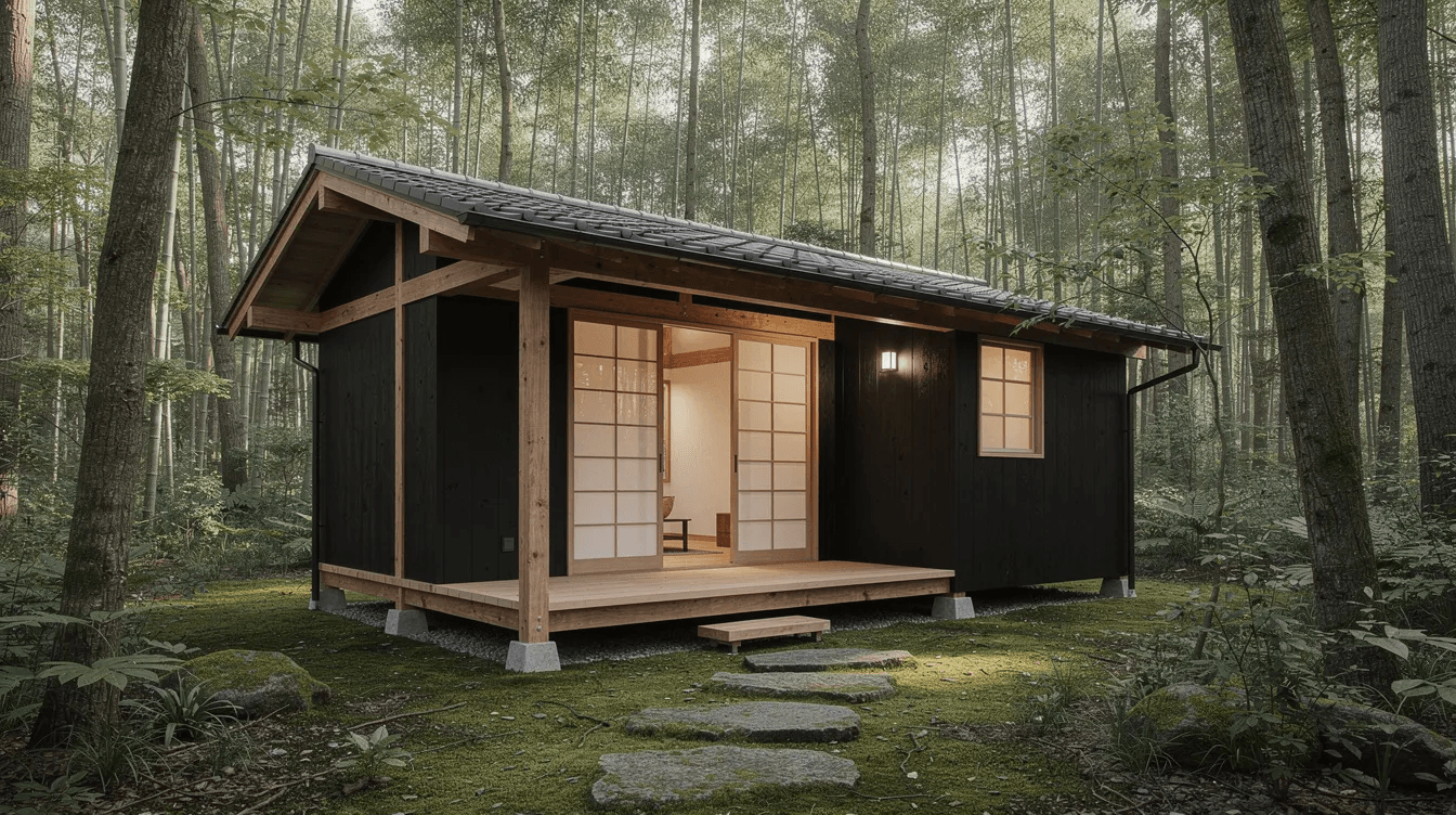 8a9323afae5841a5886dde21cfd445d5 The image showcases the exterior of a traditional Japanese tiny home featuring wooden beams and charred cedar cladding nestled among lush trees This sustainable living space emphasizes natural materials and minimalist design ideal for those seeking a harmonious connection with nature