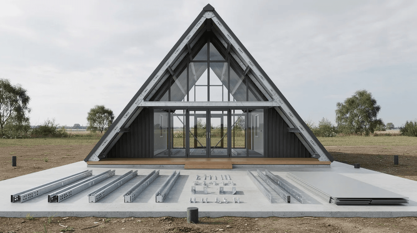 8b0f76046d5a41dab9173c9b05096202 The image depicts a modern metal A frame house kit showcasing its sleek design and structural integrity This tiny house features customizable exterior and interior walls roof panels and offers various add ons for a primary residence or vacation home highlighting its efficiency and quality materials