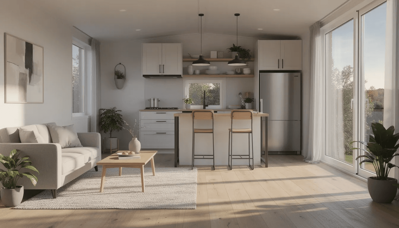 The image showcases the interior of a tiny home with an open concept kitchen and living area illuminated by natural light streaming through large windows This cozy space exemplifies the charm of tiny houses perfect for those looking to embrace a simplified lifestyle in Atlanta GA