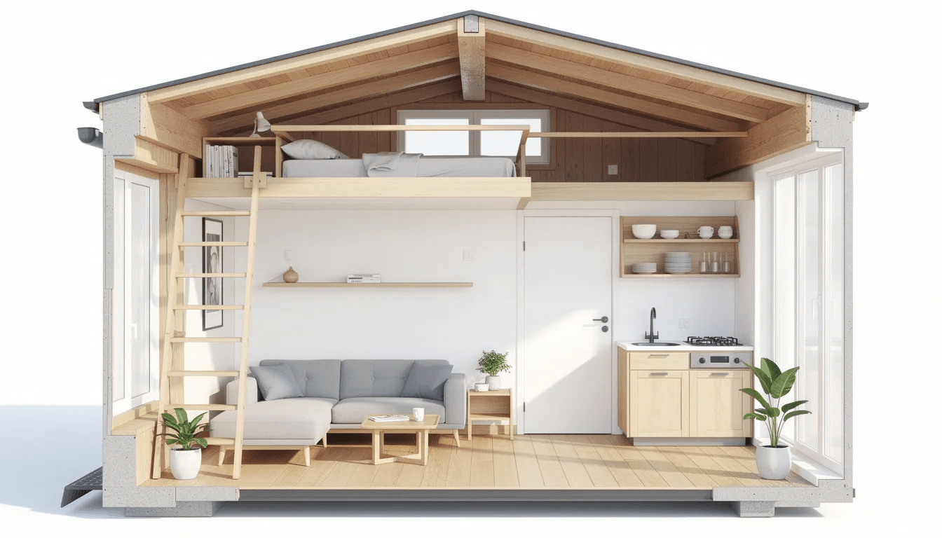 The image depicts a cutaway side view of a tiny house interior showcasing a cozy sleeping loft above and an open living space below complete with a dining table and full kitchen This clever use of vertical space allows for a stylish and functional layout perfect for small families or as a guest house retreat