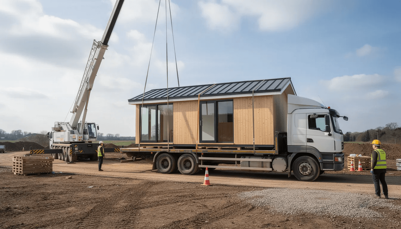 A modern prefabricated small cottage designed as a compact living space is being delivered by truck with a crane in the background This stylish tiny home represents a flexible living solution perfect for families or as an accessory dwelling unit ADU for rental income