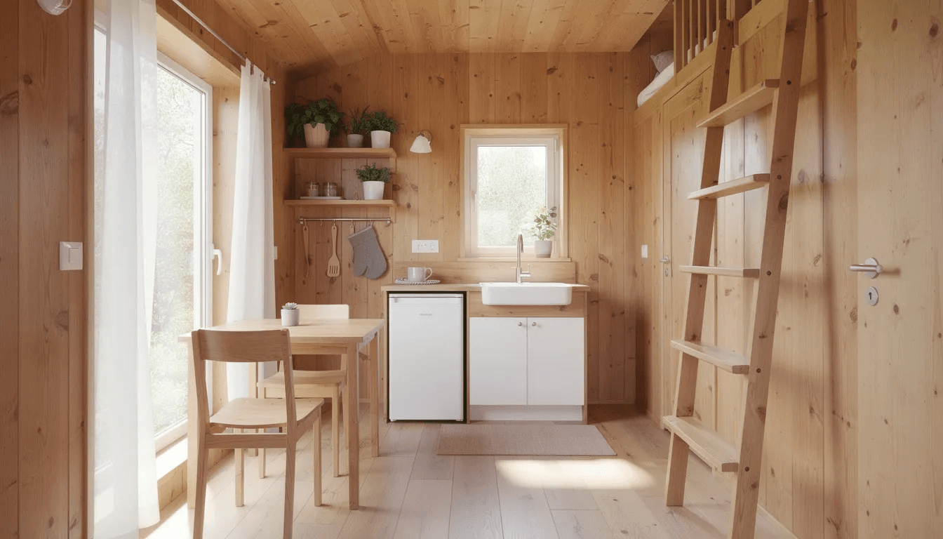 The image showcases the bright interior of a tiny home featuring large windows that fill the space with natural light wooden walls and a compact kitchen area The high ceilings and open feel create a spacious atmosphere making it an ideal example of affordable tiny homes designed for efficient living