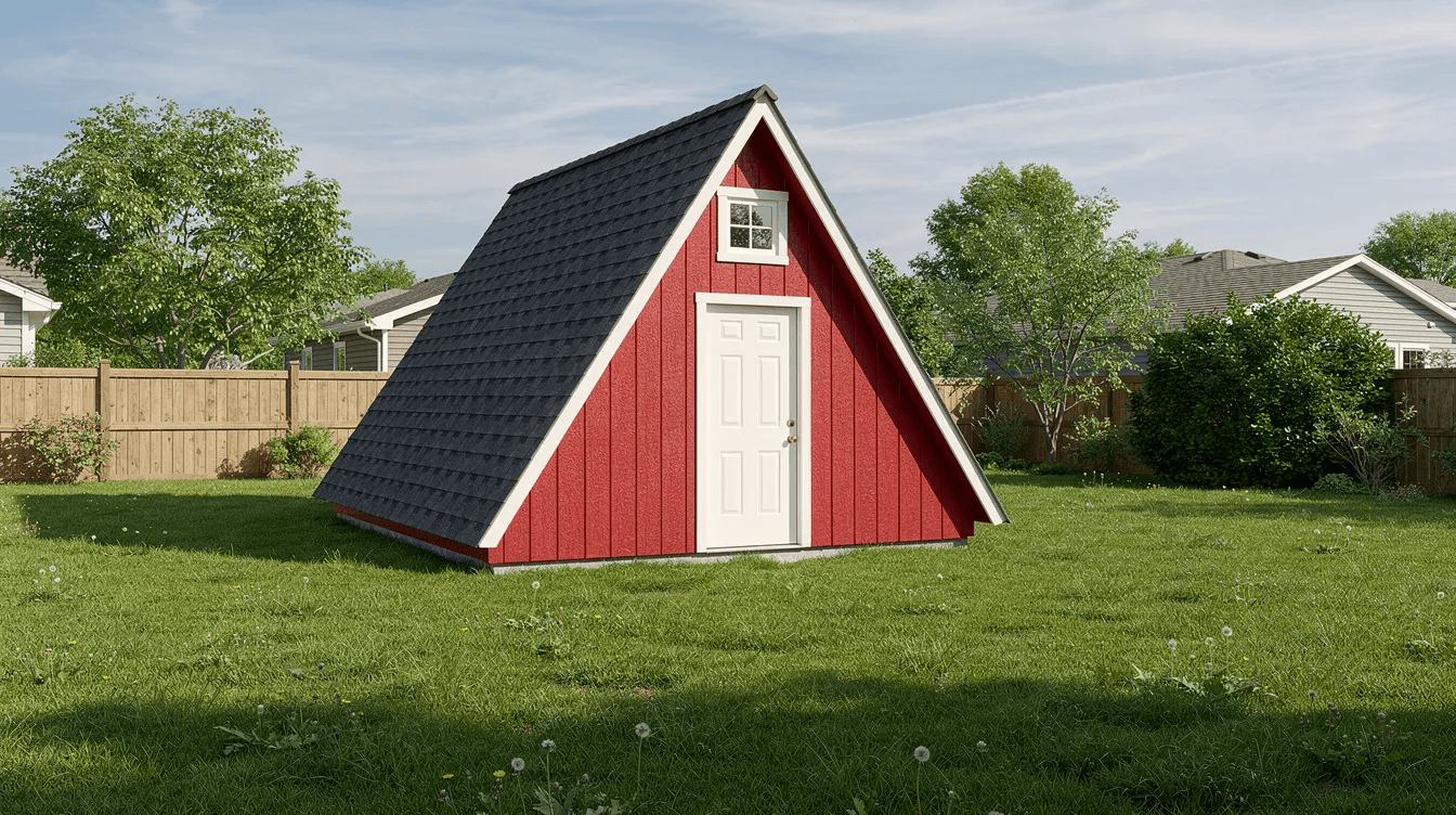 The image features a traditional red A frame shed in a suburban backyard surrounded by lush green grass This storage shed showcases double doors and windows highlighting its classic style and practical design perfect for various home needs