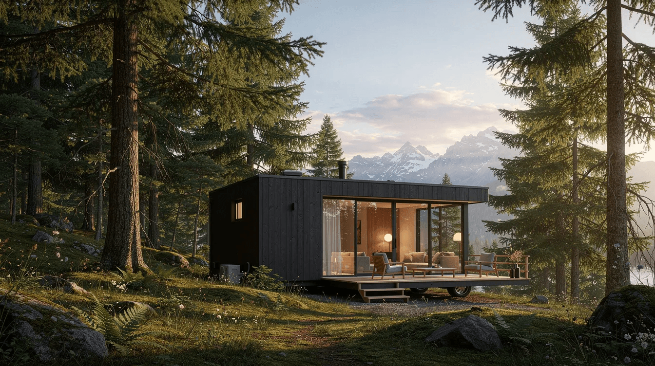 A luxury tiny home is nestled among tall evergreen trees with stunning mountain peaks visible in the background offering panoramic window views of the natural beauty of Central Oregon This custom tiny home features spacious decks and is ideal for those seeking a peaceful escape into nature