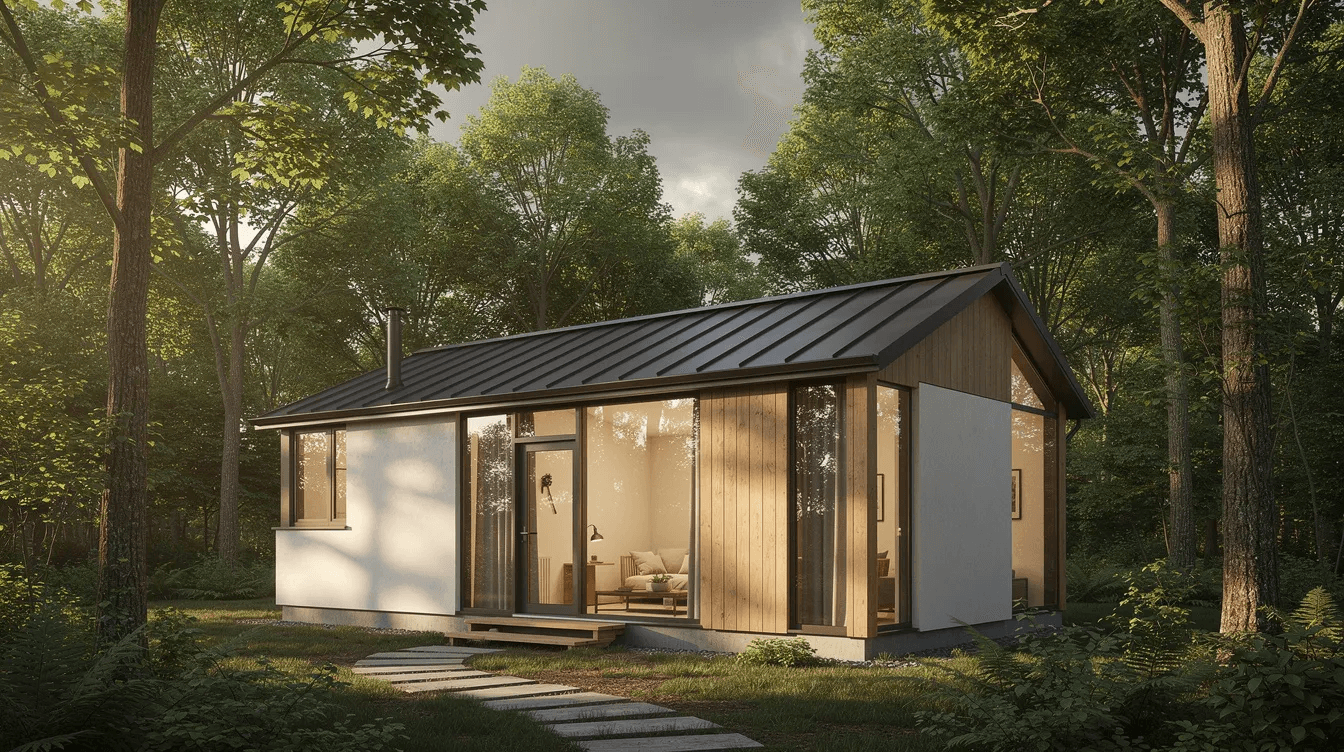 The image features a modern small cottage with large windows nestled among trees showcasing a cozy design that maximizes usable floor space This tiny home ideal for a simpler life offers a perfect private retreat with an airy atmosphere and beautiful views
