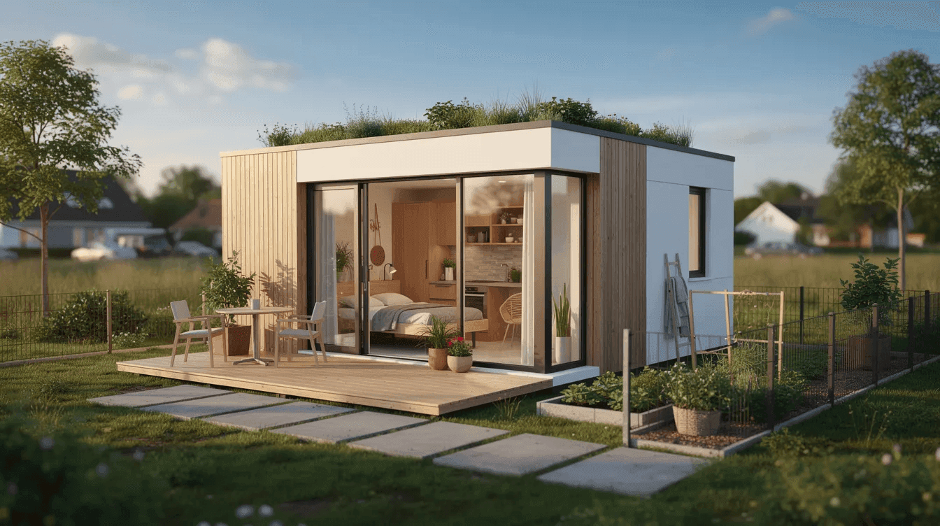 The image depicts a modern self contained housing unit designed for affordable living showcasing modular construction that allows families to live independently It features an inviting exterior with multiple units promoting community interaction and access to supportive services for residents