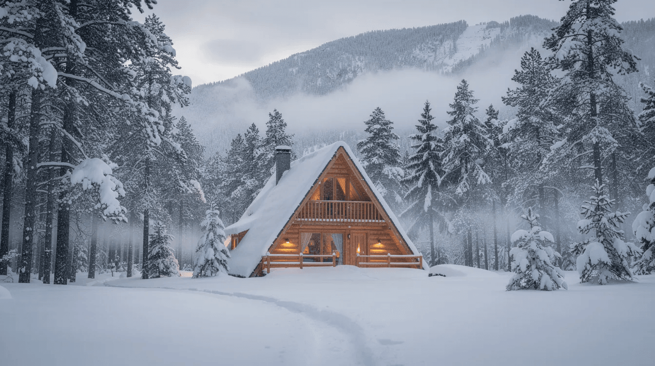 A picturesque A frame cabin with a steep roof blanketed in snow sits nestled in a serene mountain forest This dream vacation home features large windows that invite natural light into the cozy living area showcasing its stylish design and energy efficient construction