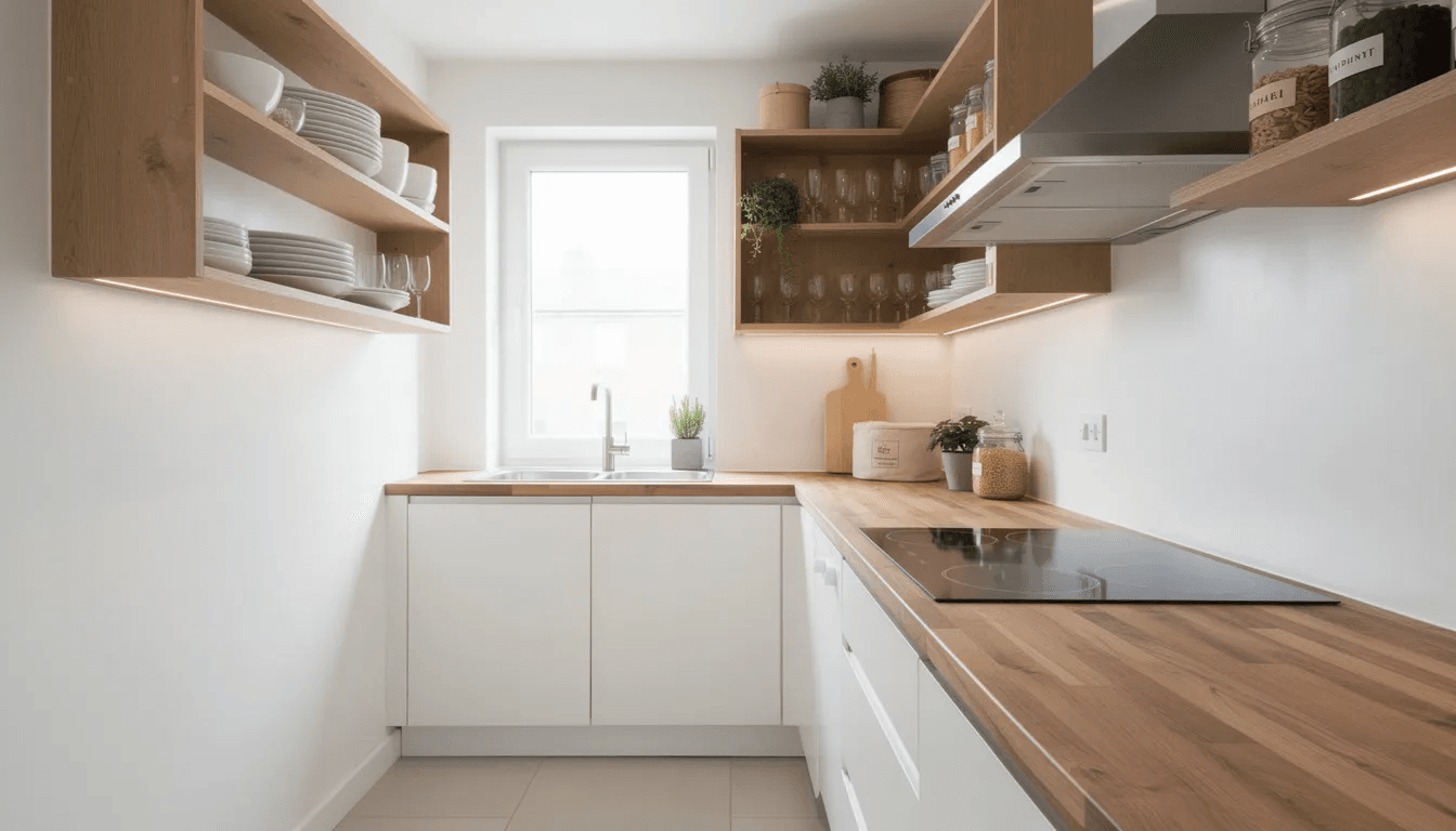 This image features a compact galley kitchen within a tiny house showcasing open wooden shelving a two burner cooktop and a butcher block counter all designed for efficient use of space The layout emphasizes clever storage solutions and a cozy living area perfect for small families or as a guest house retreat