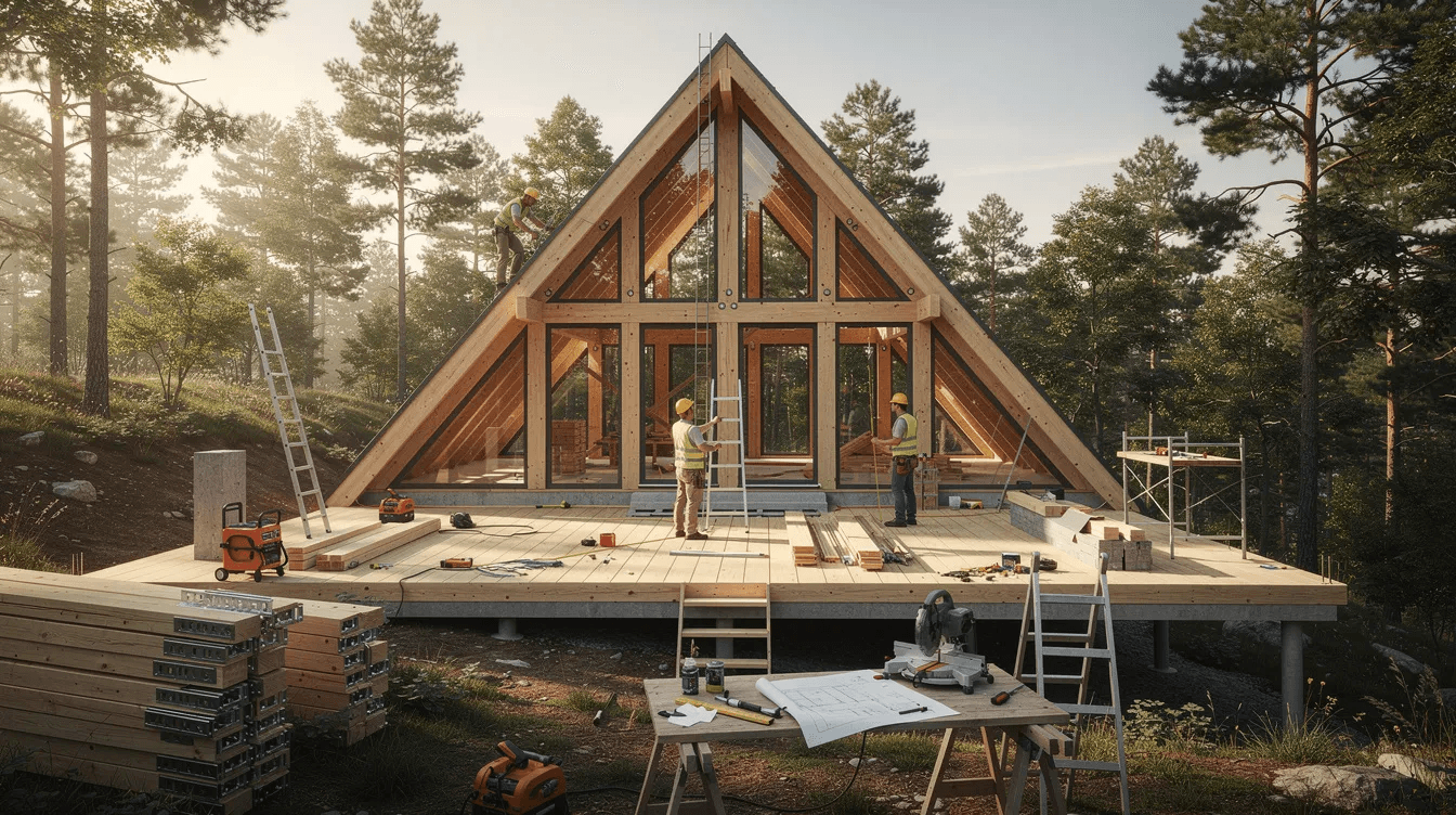 The image depicts a custom A frame house under construction showcasing its unique triangular structure with large windows that invite natural light into the living area This dream home project highlights the building process and energy efficiency features making it an ideal vacation home or tiny house option