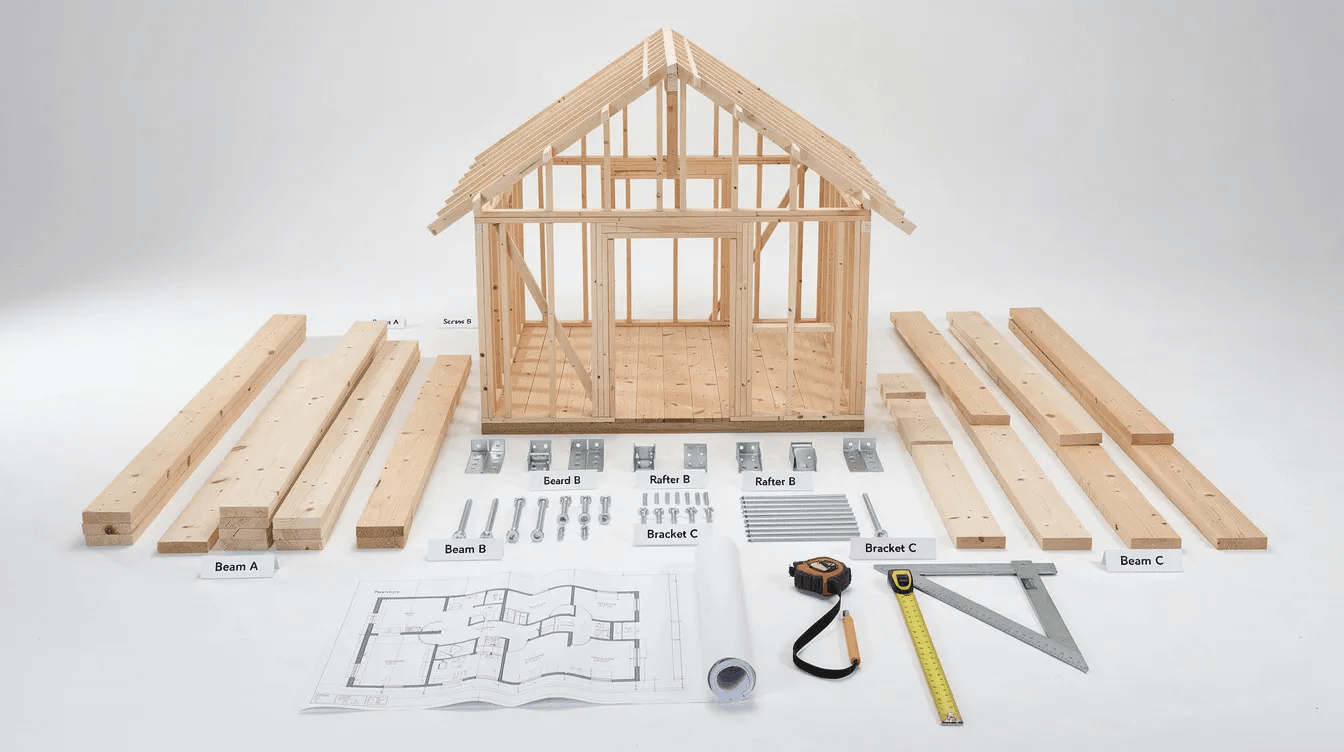 92a604b9cdc842e68faecaf9f6e54508 The image depicts a complete house frame kit showcasing pre cut timber components neatly arranged for easy assembly Detailed instructions and specifications accompany the kit ensuring a smooth construction process for building a quality home with customizable options