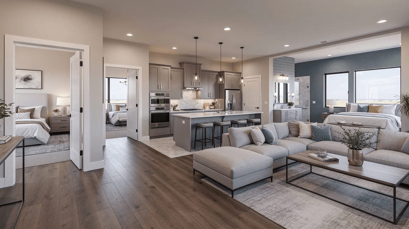 92b446a192fe47ecbc5ca5529154e651 The image showcases a spacious kit home featuring a steeply pitched roof and multiple bedrooms including a primary suite The design emphasizes natural light and a comfortable living area making it an ideal vacation home or primary residence for those seeking a connection with nature