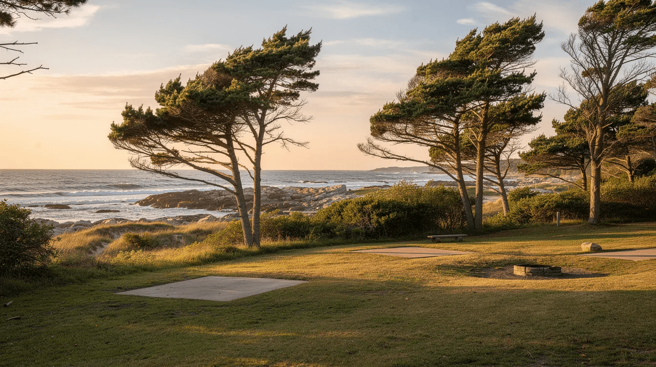 A picturesque coastal landscape in Rhode Island features a serene camping area surrounded by trees ideal for tiny home living This open space invites exploration and relaxation making it a perfect spot for families seeking to enjoy the beauty of nature while considering tiny house parking options in the area
