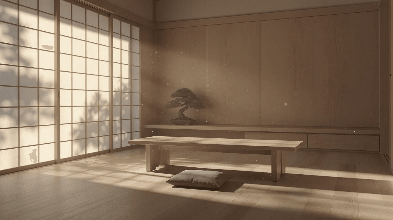 The image showcases a minimalist wooden interior of a small house with light gently filtering through translucent paper screens creating a serene atmosphere This combined living and dining space reflects modern Japanese design emphasizing simplicity and a connection to nature