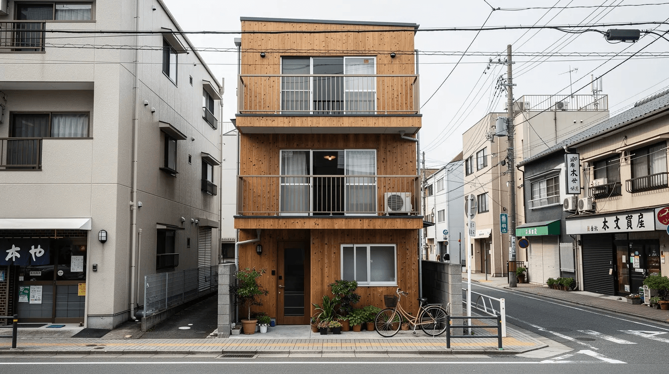 The image depicts a narrow multi story wooden house nestled between larger buildings in a bustling Japanese city showcasing a modern design that maximizes space for a young family With features such as a combined living and dining room a cozy bedroom and a small garden this small house exemplifies minimalist architecture while blending comfort and privacy in an urban environment