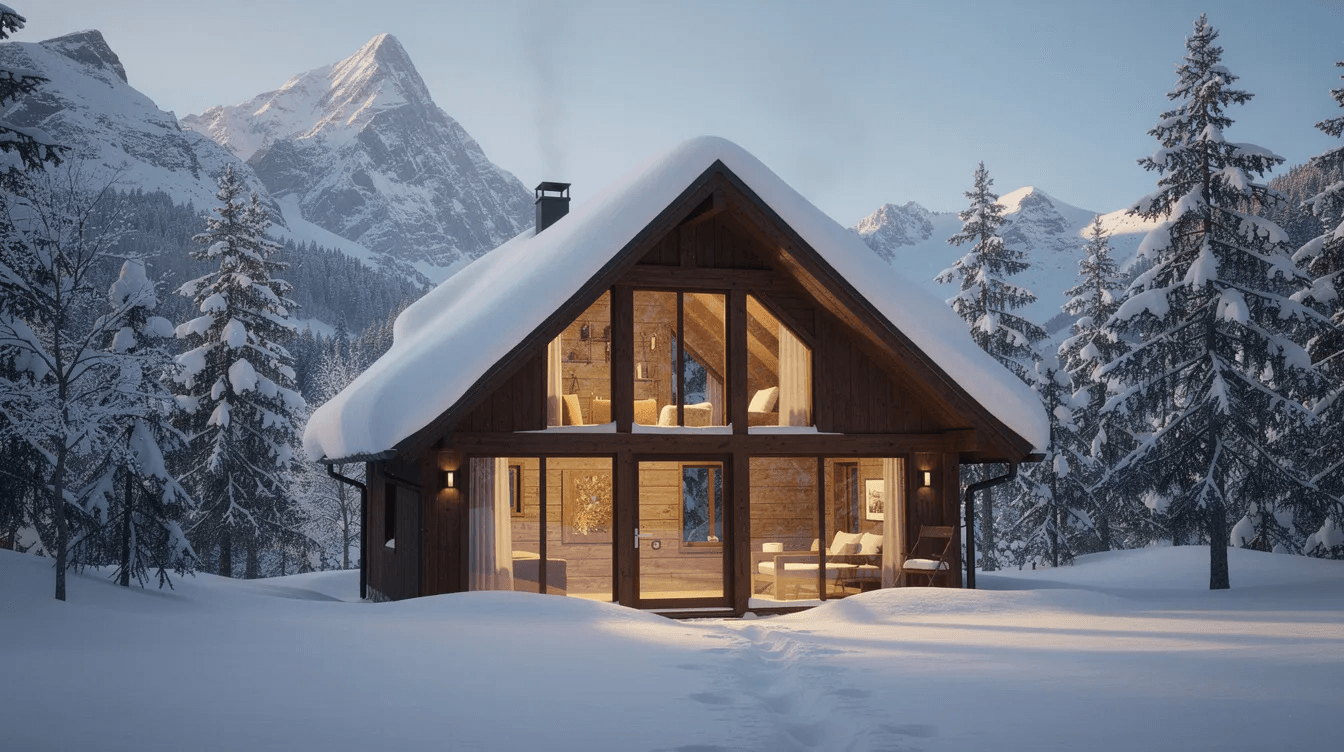 974045d107e84cf699d173298b034452 A classic wooden A frame cabin with a steep roof and large front windows sits nestled in a snowy mountain landscape showcasing its triangular shape and inviting design This frame house exemplifies modern cabin style offering inspiration for those seeking cozy retreat ideas