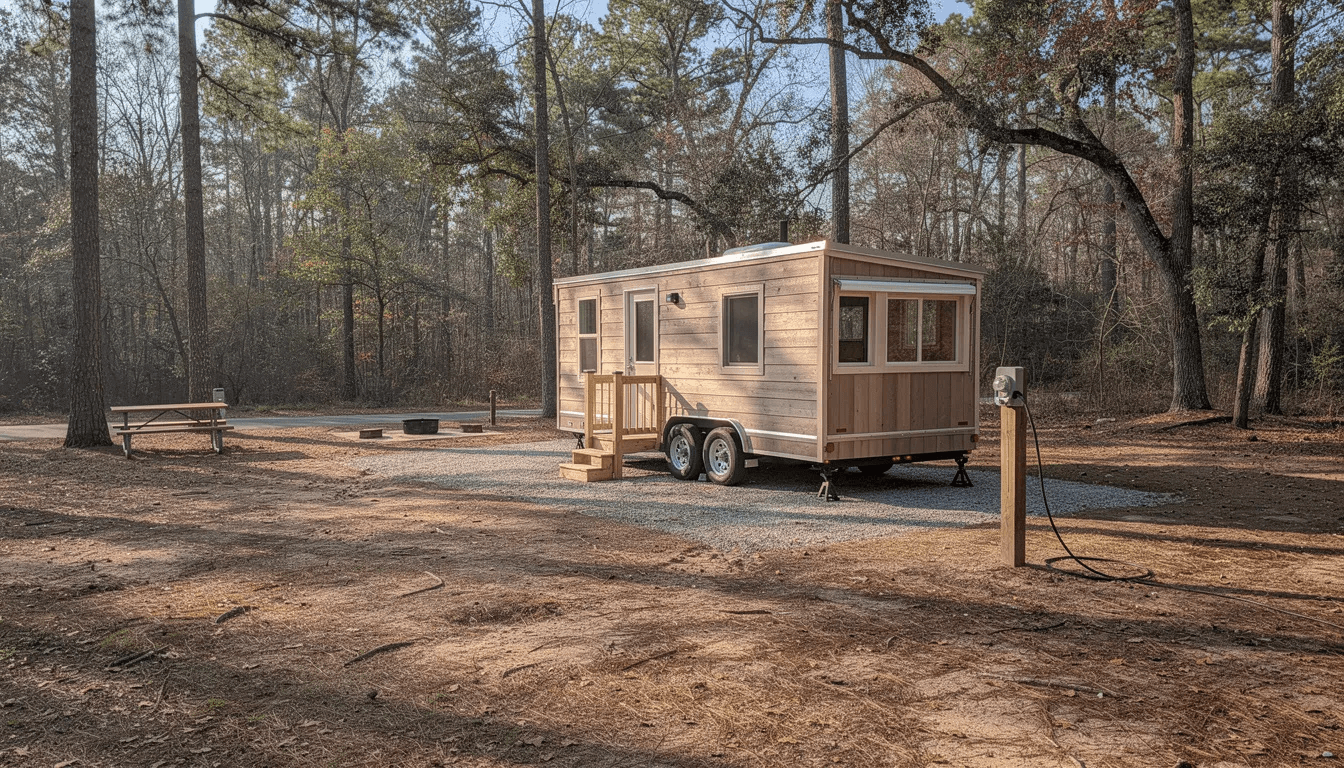 A tiny house on wheels is parked at a wooded campground site showcasing electrical hookups for convenience This serene location in Indiana offers a perfect spot for tiny living and exploring nature