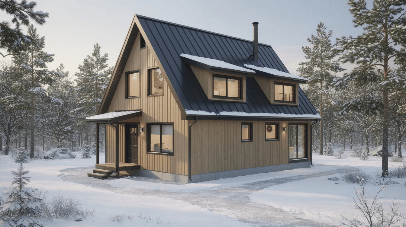This image depicts the floor plan of a 1300 sq ft year round A frame house featuring a partial second floor with dormers three bedrooms and two bathrooms The design includes a mudroom entry and a laundry room optimized for winter conditions with an insulated slab foundation showcasing the home's energy efficiency and open floor plans.