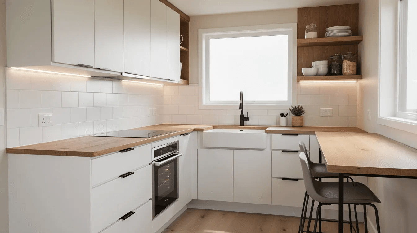 The image showcases a luxurious tiny home interior featuring a modern kitchen with sleek white cabinets and warm wooden countertops illuminated by natural light This stylish space exemplifies the charm of tiny home living combining quality design with efficient use of space