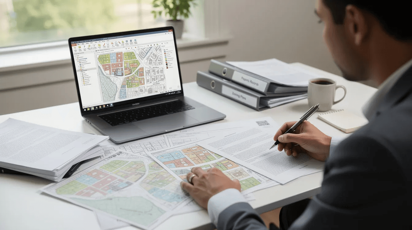 A person is seated at a desk reviewing property maps and documents while using a laptop that displays GIS data related to local zoning laws The scene highlights the importance of understanding building codes and zoning regulations for tiny homes in Georgia counties including Hall and Cherokee County as they navigate affordable housing options