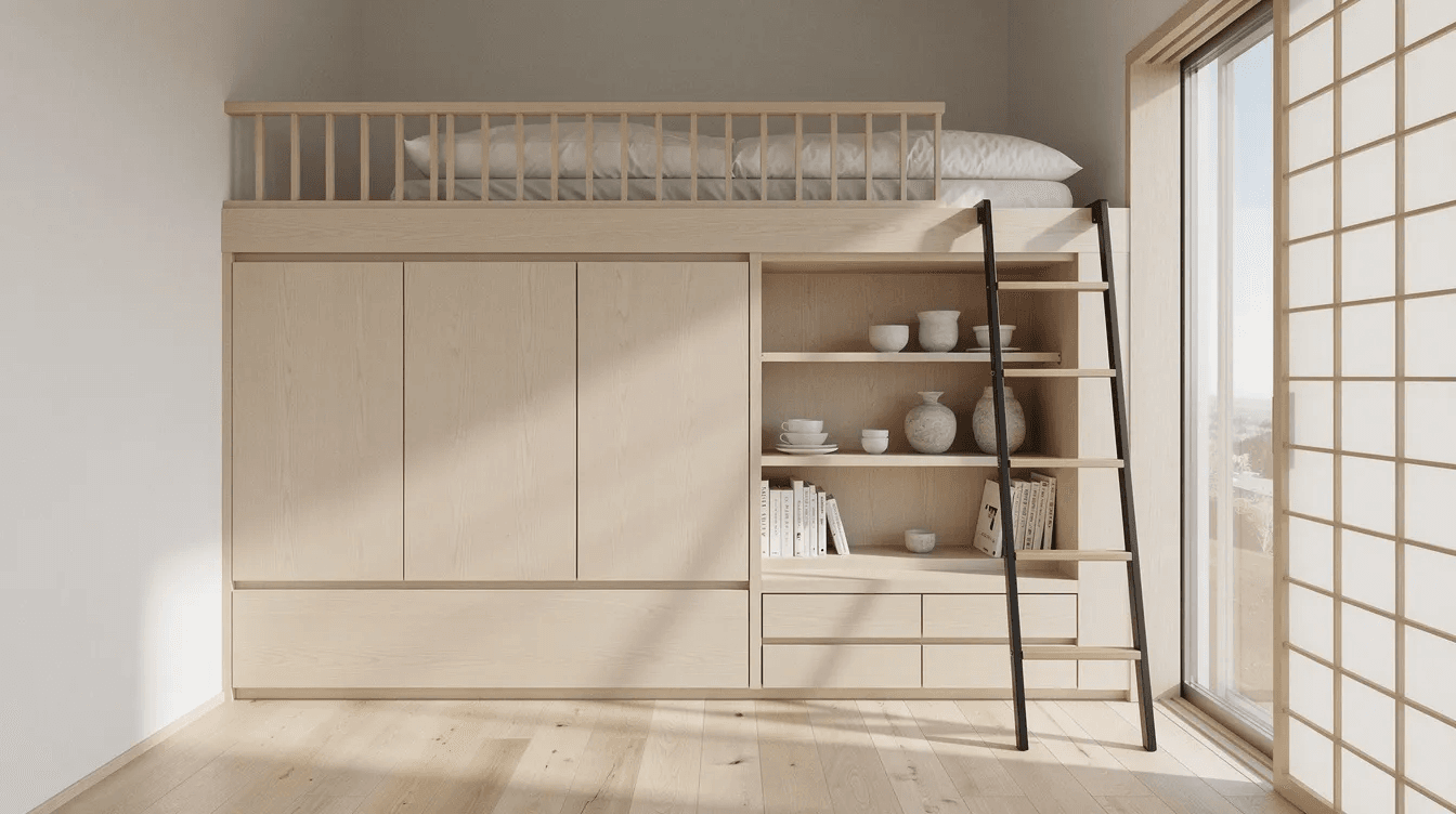 9d5c4dfd2a6a440fae07edeeef198d76 The image depicts a minimalist Japanese interior featuring light wood built in storage and a ladder that leads to a cozy sleeping loft showcasing the clever use of limited space in tiny homes Natural light floods the open living space highlighting the simplicity and elegance of the design