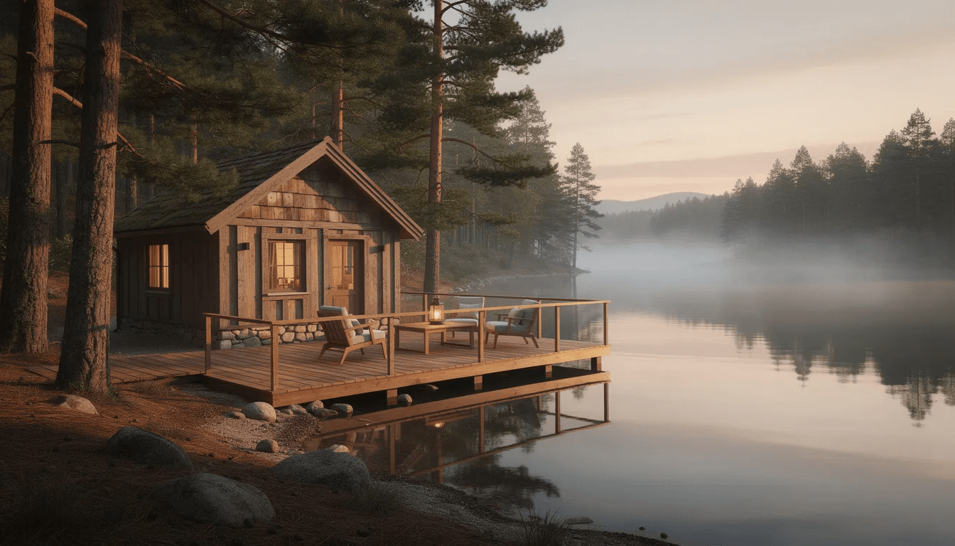 A cozy tiny cottage featuring a wooden deck and outdoor seating area is nestled by a tranquil lake surrounded by towering pine trees This 500 square foot home embodies minimalist living with modern amenities perfect for relaxation and outdoor living