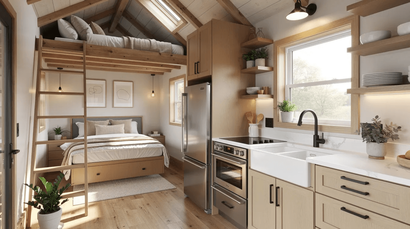 The image showcases the interior of a cozy tiny home featuring a compact kitchen equipped with modern appliances and a sleeping loft above embodying the essence of tiny home living This expertly crafted tiny home highlights thoughtful design and functional space perfect for those embracing a unique lifestyle in Alberta
