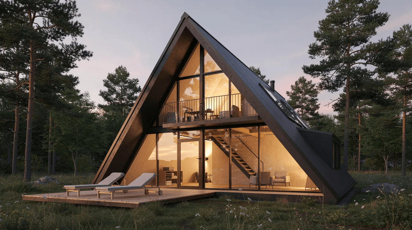 The image depicts a modern A Frame loft house with large windows and a sloped roof showcasing the architectural design that maximizes living space and natural light The exterior features a combination of wood and glass emphasizing the house's connection to nature, while the layout includes a master suite and a great room, making it a perfect dream home for families.