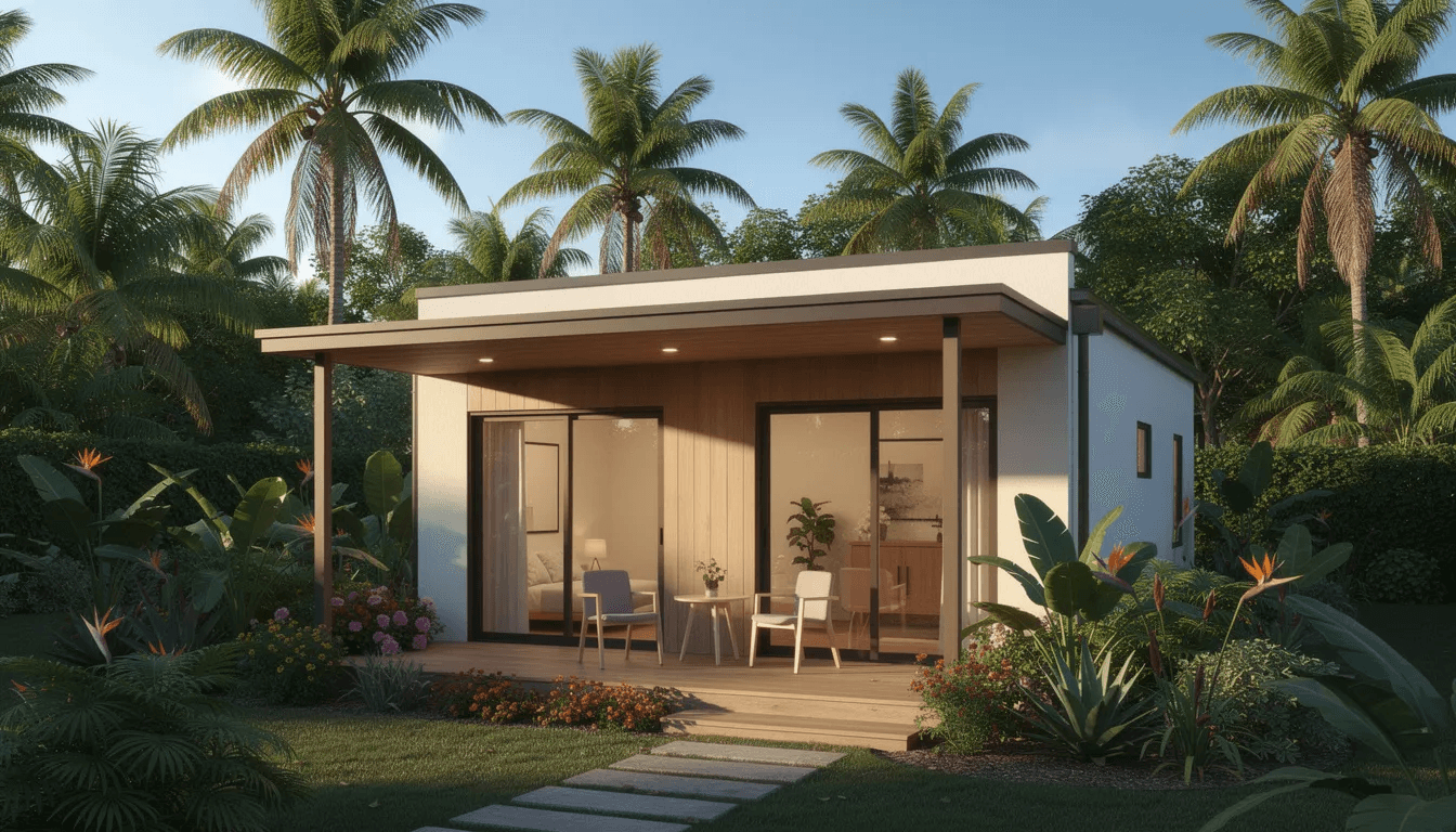 The image features a small modern backyard cottage with a covered porch surrounded by lush palm trees and vibrant tropical landscaping showcasing the charm of custom tiny homes in Florida This serene space exemplifies the tiny house lifestyle providing a comfortable living experience in a beautifully designed outdoor setting