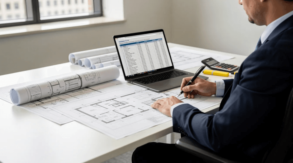 Cost estimates A person is seated at a desk intently reviewing construction documents and cost estimates for their tiny home project surrounded by valuable resources related to material costs labor costs and financing options The scene reflects the meticulous planning involved in creating an affordable and customized tiny living space