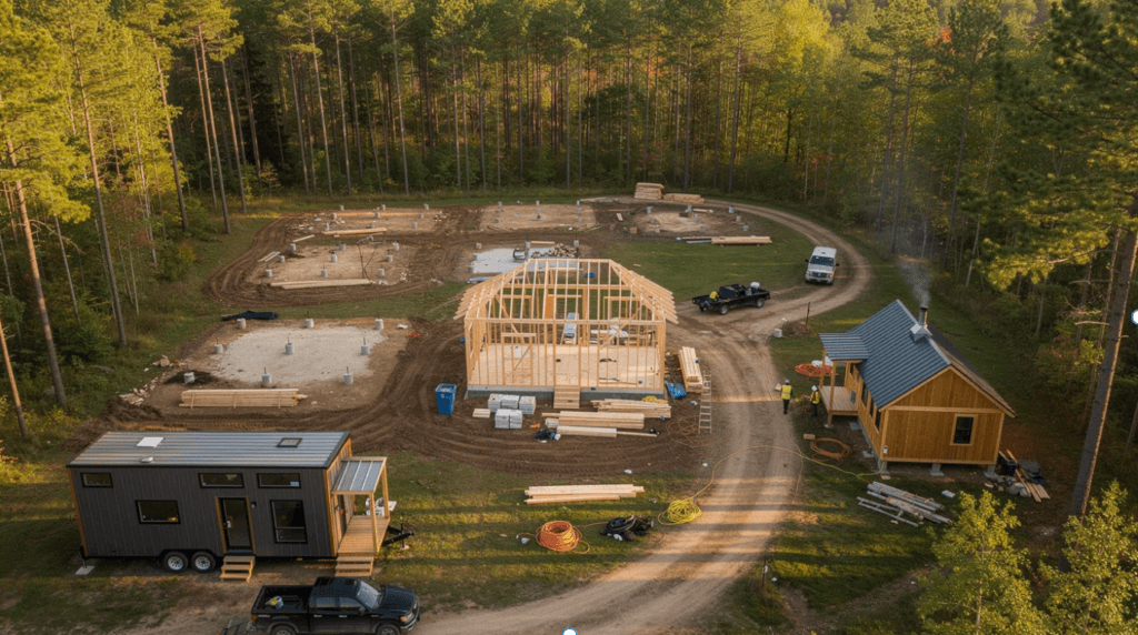 Various tiny homes An aerial view showcases various tiny homes at different construction stages nestled among wooded lots highlighting the diversity in design and materials This scene reflects the tiny living movement where homeowners can explore affordable options for their own home while considering project costs and financing