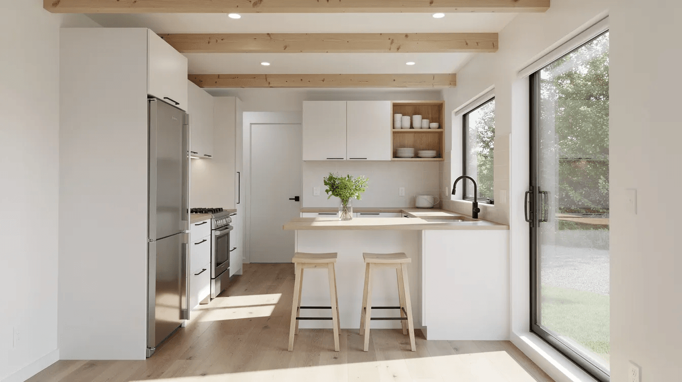 The image showcases the bright interior of a tiny house featuring an open kitchen with large windows that flood the space with natural light This cozy retreat boasts modern finishes making it an ideal option for those exploring tiny living and full time living opportunities