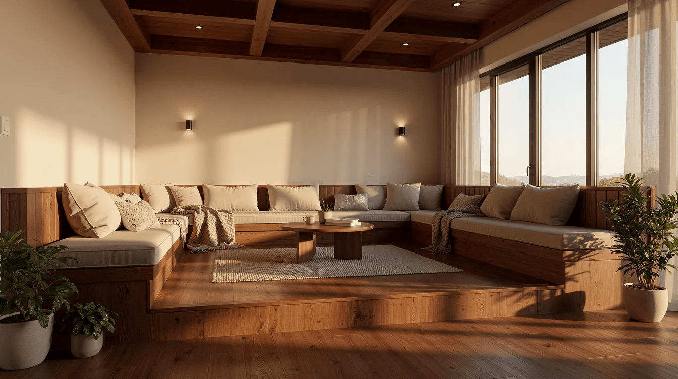 A1a63c043ec84e348196f214cd477137 The image depicts a cozy elevated living room in a sakura tiny house featuring built in seating and large windows that invite natural light all accented by warm wood tones This flexible multipurpose space seamlessly blends comfort and energy efficiency making it an ideal practical living space for individuals or guests