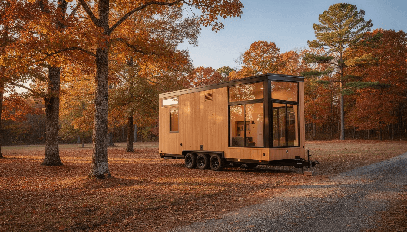 A modern tiny house on wheels is parked on a tree lined property in Georgia surrounded by vibrant autumn foliage showcasing the charm of tiny homes in Atlanta This dream tiny home offers a perfect blend of quality design and natural beauty ideal for a cozy lifestyle
