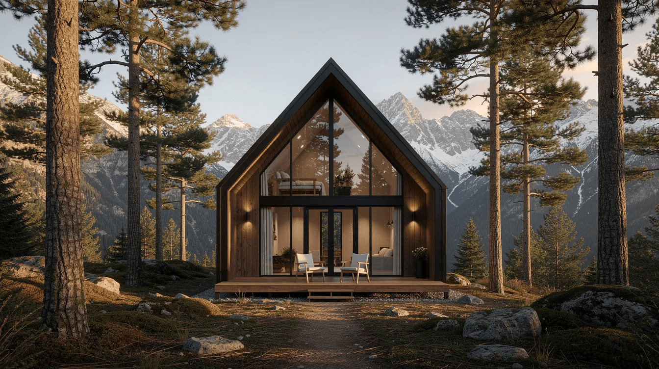 A338693add944955a40fbb485c2ef3e8 The image shows a modern A frame cabin with a steeply pitched roof nestled among tall pine trees set against a backdrop of majestic mountains This architectural style features a triangular shape and large windows that invite natural light making it a perfect getaway for those seeking a vacation home in snowy climates