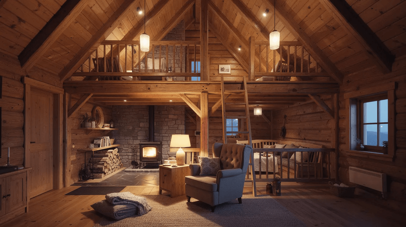 The image depicts the interior of a cozy log cabin featuring a wooden loft area accessible by a ladder complemented by a vaulted ceiling that enhances the rustic appeal of the space This dream log home design exemplifies comfort and adventure inviting people to enjoy the warmth and charm of cabin living
