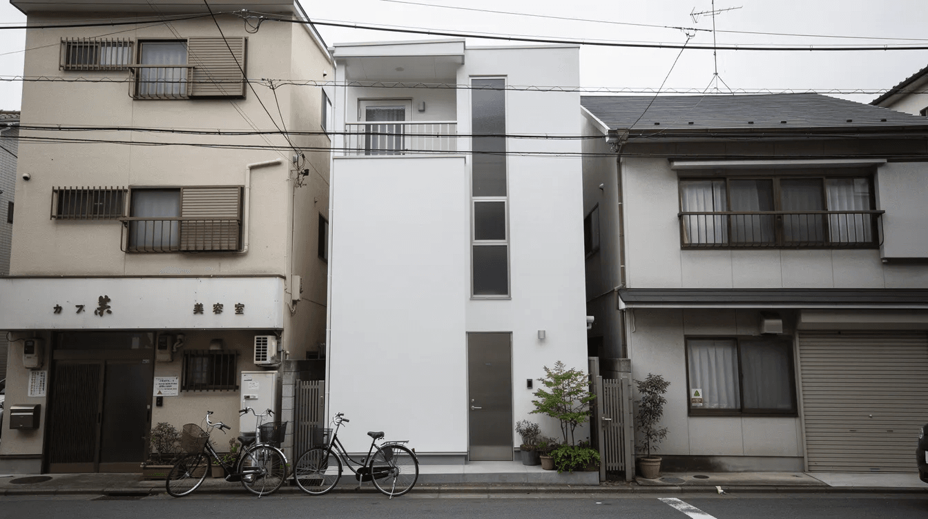 A7691fdd85094a34b1d22f2d7e7bf017 The image depicts a narrow Japanese house with a slim white facade nestled between two taller buildings on a quiet Tokyo street This small house features large windows that allow natural light to flood the living space creating an open and inviting atmosphere despite its limited space