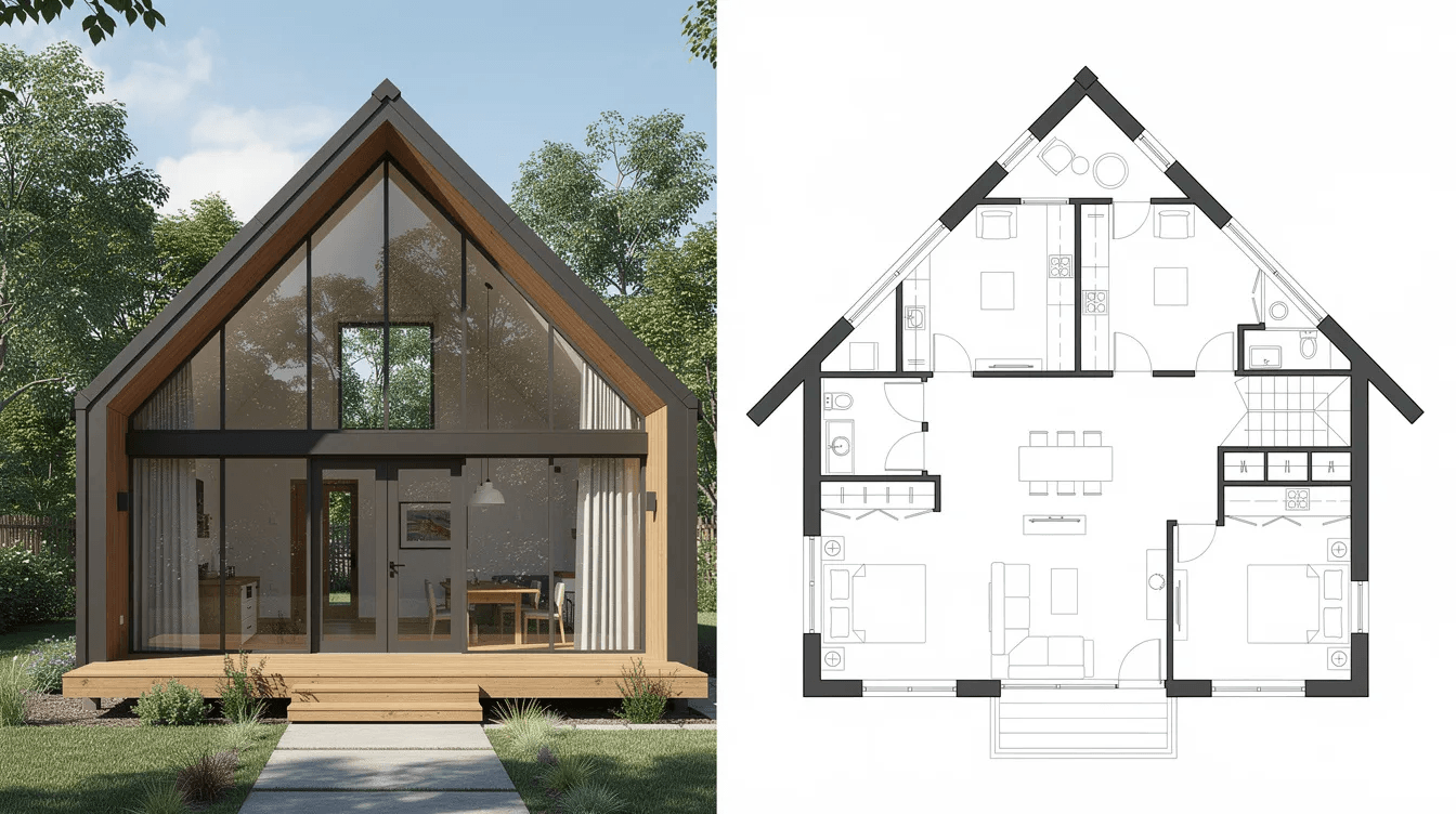 A8128ef100704e51ba0d475b193f835a The image depicts a detailed floor plan of a 3 bed A frame house showcasing the layout of the main floor including a great room master suite and a laundry room This design emphasizes functional living space while highlighting features such as windows and walls making it an ideal choice for those looking to build their dream home