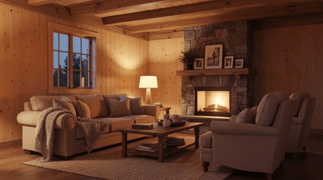 The image depicts a finished cabin interior featuring warm wood paneling on the walls complemented by comfortable furniture that invites relaxation This cozy space highlights quality storage solutions and a well thought out layout perfect for enjoying life at your own pace