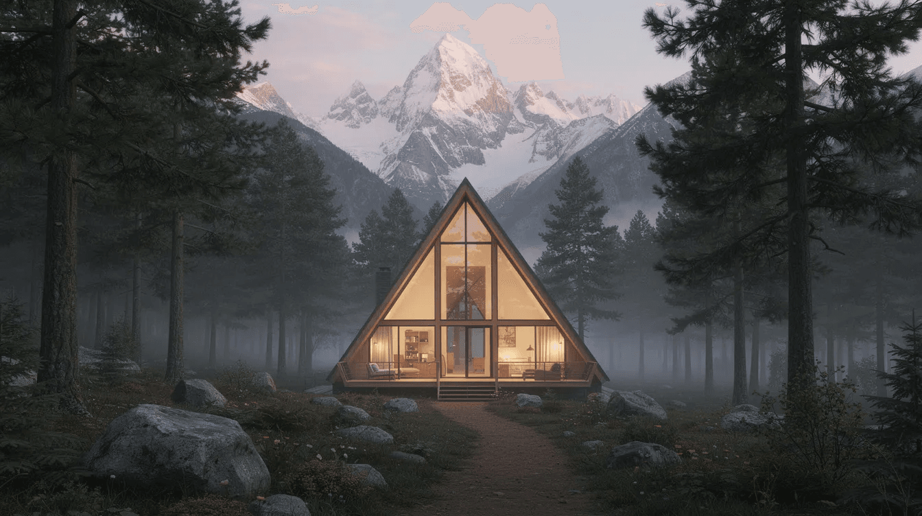 A charming A frame cabin with large front windows is nestled among tall pine trees in a serene mountain setting showcasing steeply angled rooflines that enhance its energy efficiency This cozy tiny house offers a perfect vacation home experience combining natural light and eco friendly materials for a comfortable living space