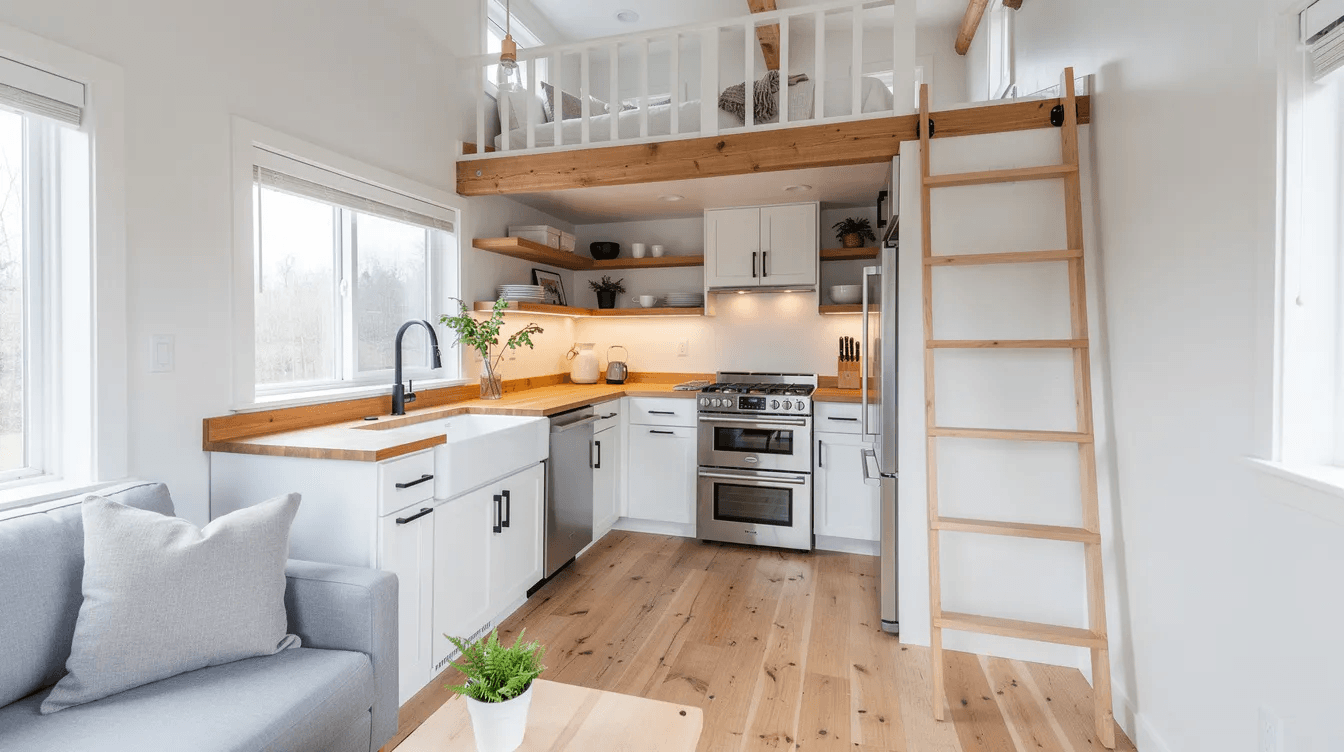 The image depicts the interior of a tiny house featuring a modern kitchen with sleek white cabinets and butcher block countertops illuminated by natural light Above the kitchen a cozy sleeping loft provides additional space highlighting the efficient layout and premium materials of this perfect tiny home