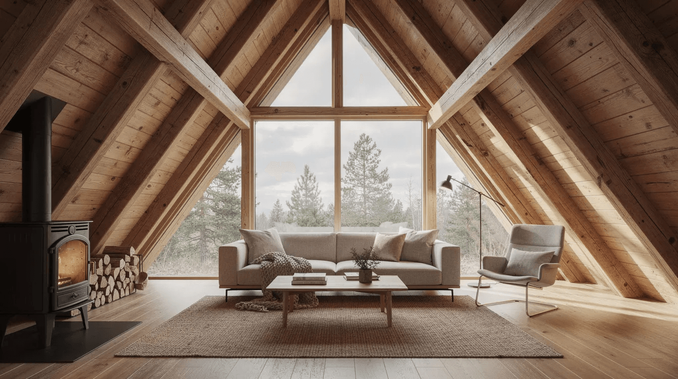 The image depicts an interior view of an A frame living room featuring exposed wooden beams and a large triangular window that allows natural light to flood the space This cozy living area showcases the architectural style of A frame homes characterized by its steeply pitched roof and open floor plans creating a warm and inviting atmosphere