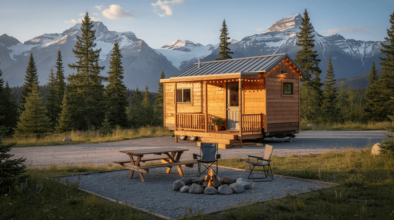 A tiny house on wheels is parked at a scenic campsite surrounded by majestic mountains in the background showcasing the essence of the tiny house movement and alternative housing solutions This cozy dwelling exemplifies the charm of tiny living set against a picturesque natural landscape