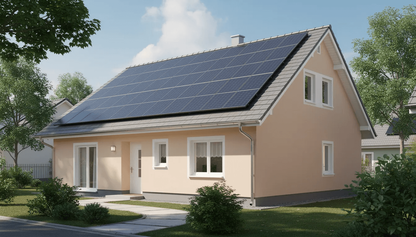 The image shows solar panels installed on the roof of a small residential building promoting sustainable housing and energy savings This setup reflects a growing trend among homeowners to incorporate eco friendly features into their properties enhancing their living space while potentially generating rental income